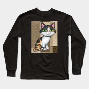 Fun Calico Kitty Cat on tan, brownish background shapes Long Sleeve T-Shirt